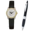 Ladies' Watch w/Black Leather Strap and Pen