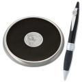 Leather and Silver Round Coaster & Pen Set